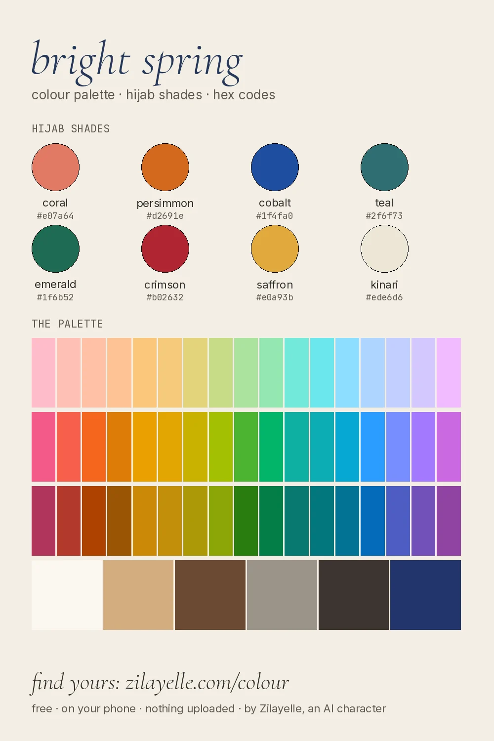 bright spring colour palette chart: eight hijab shades and the full palette with hex codes