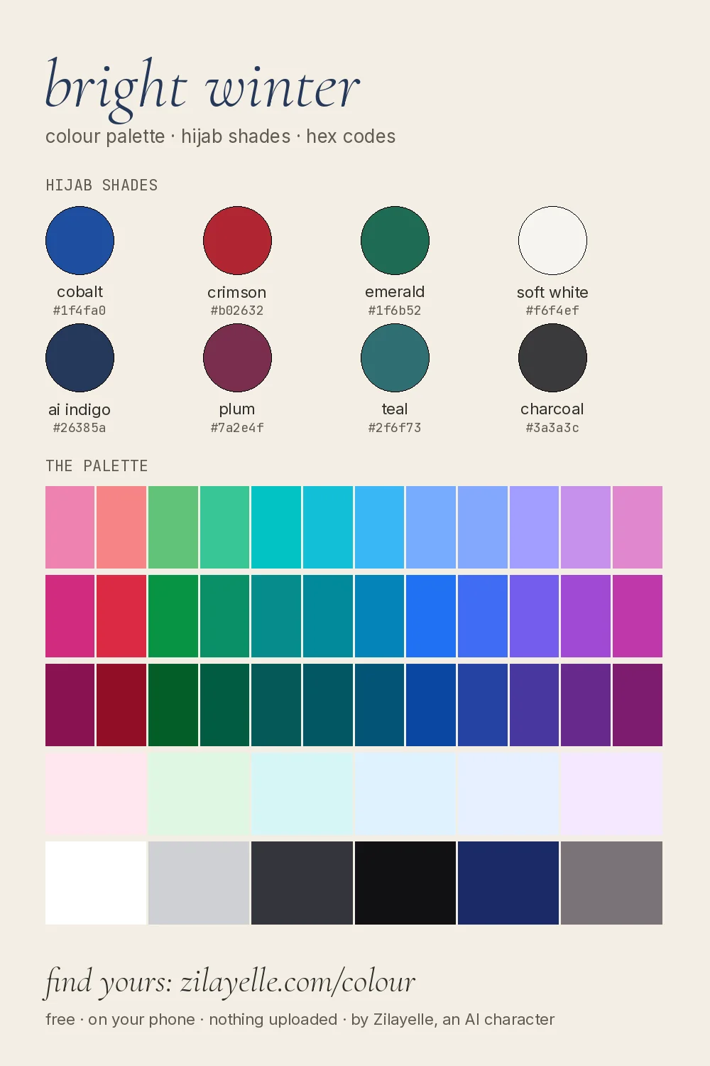 bright winter colour palette chart: eight hijab shades and the full palette with hex codes