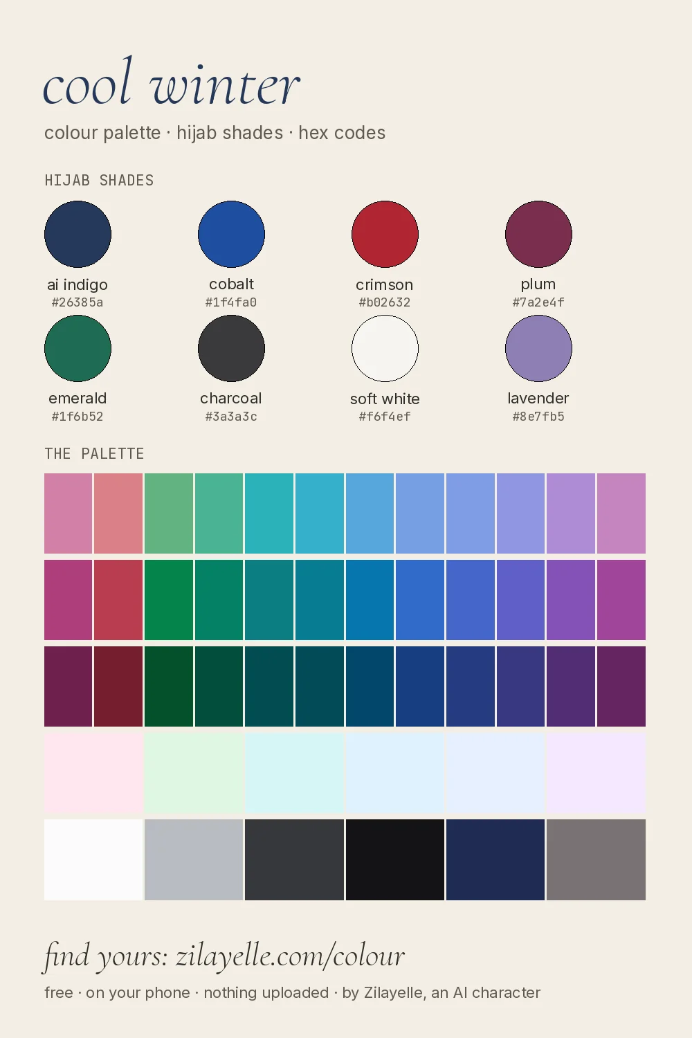 cool winter colour palette chart: eight hijab shades and the full palette with hex codes