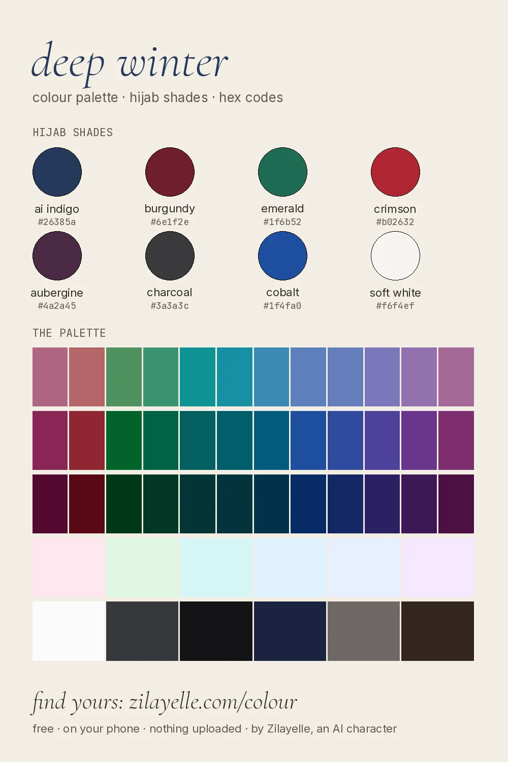 deep winter colour palette chart: eight hijab shades and the full palette with hex codes