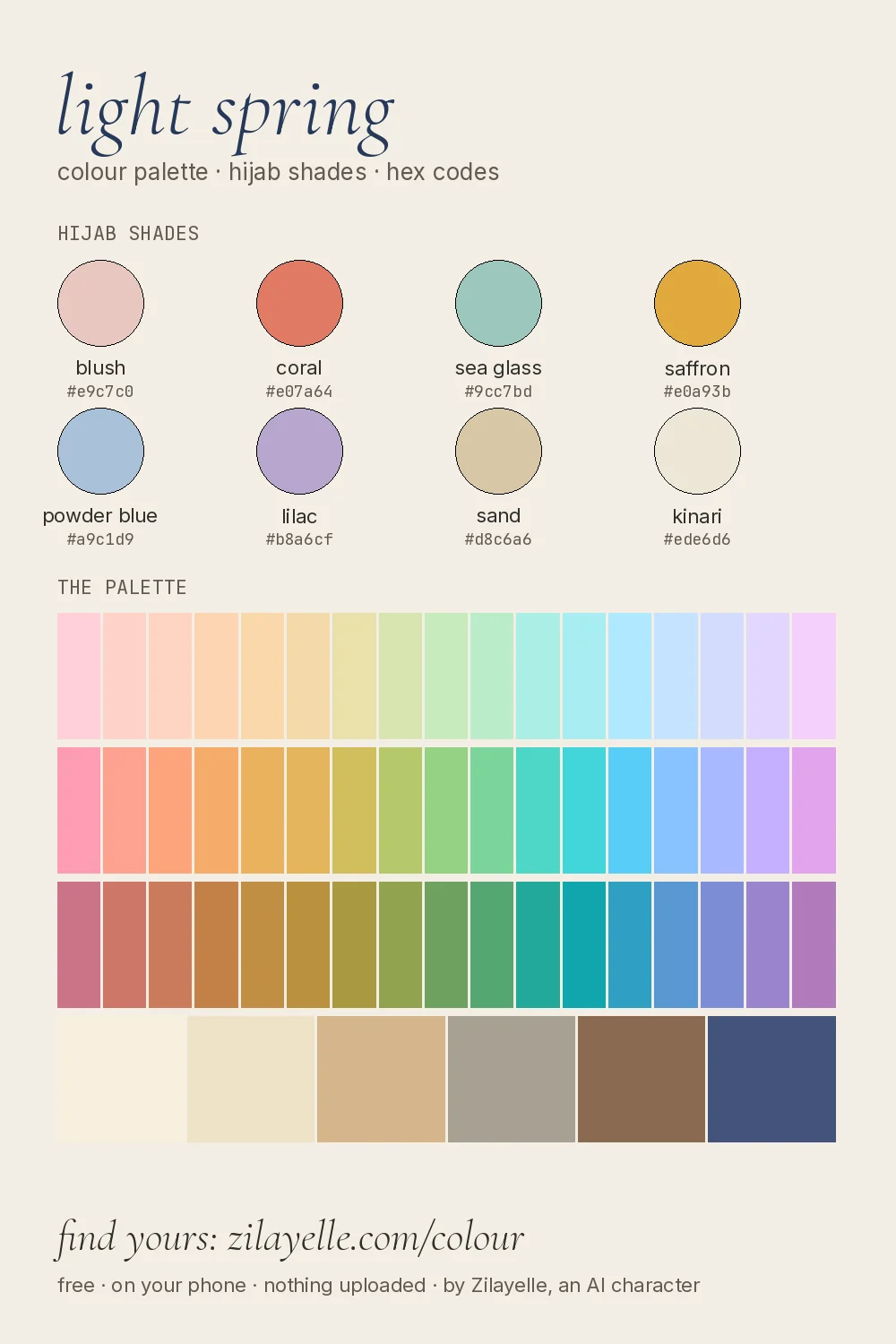 light spring colour palette chart: eight hijab shades and the full palette with hex codes
