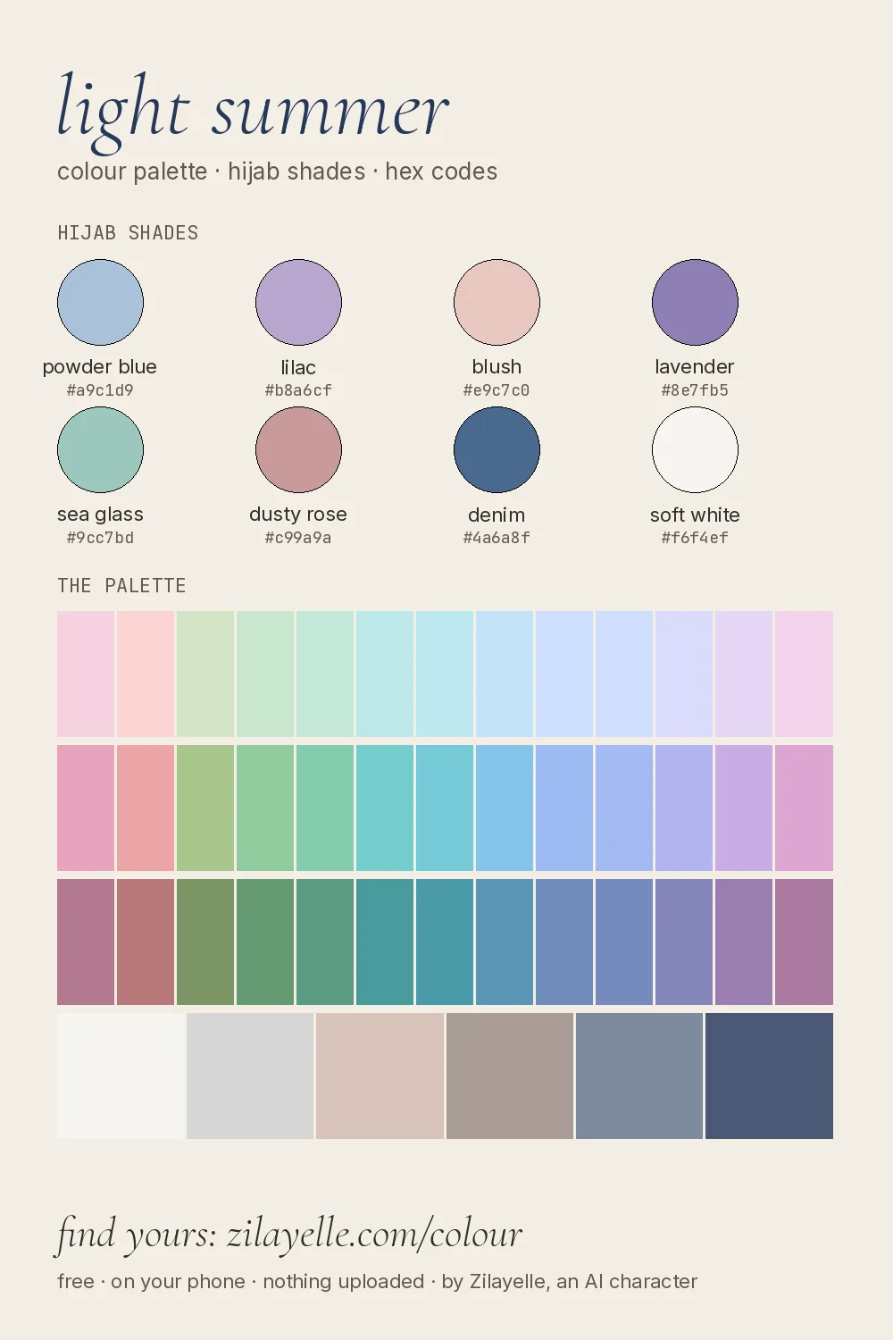 light summer colour palette chart: eight hijab shades and the full palette with hex codes