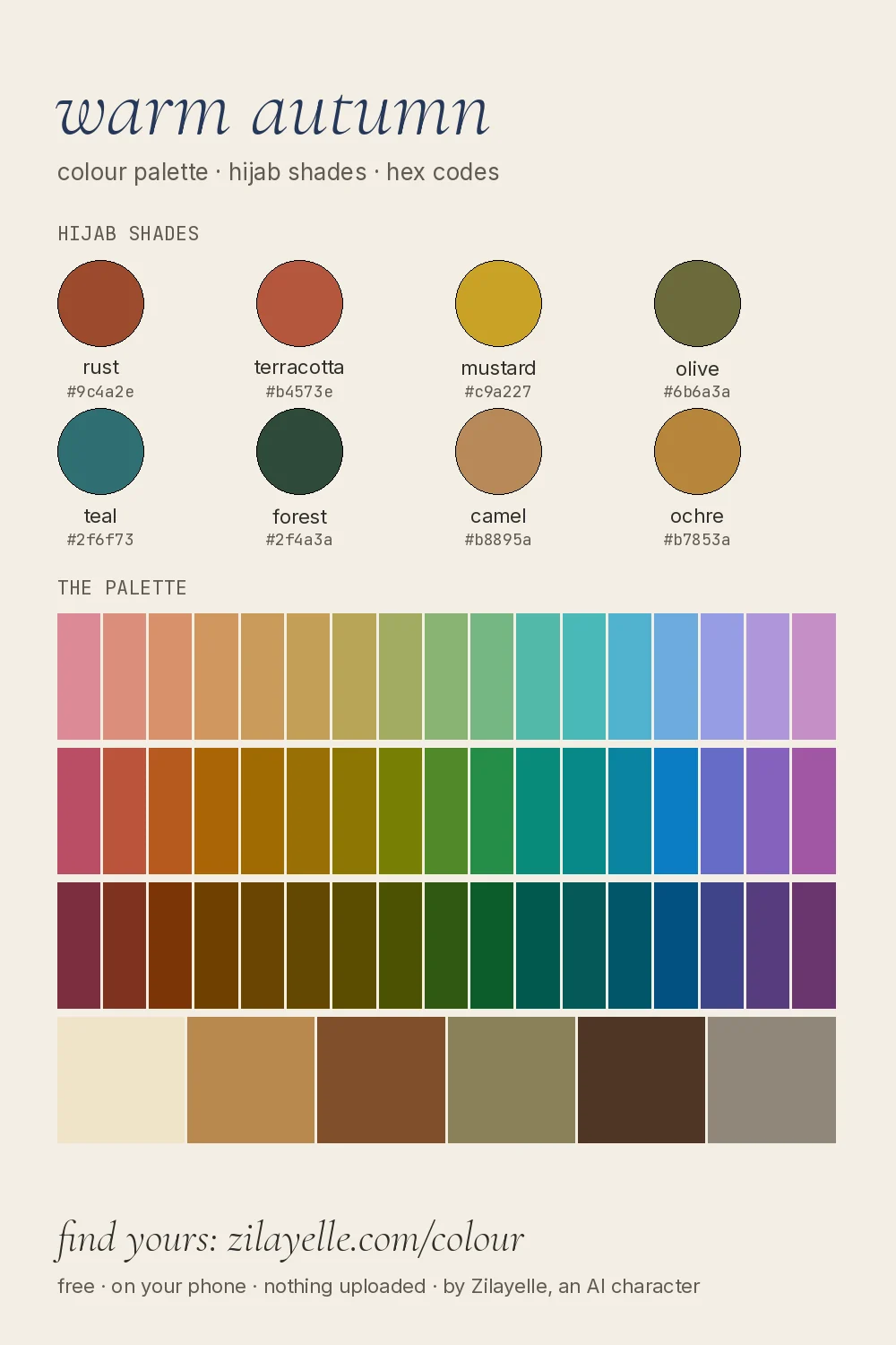 warm autumn colour palette chart: eight hijab shades and the full palette with hex codes