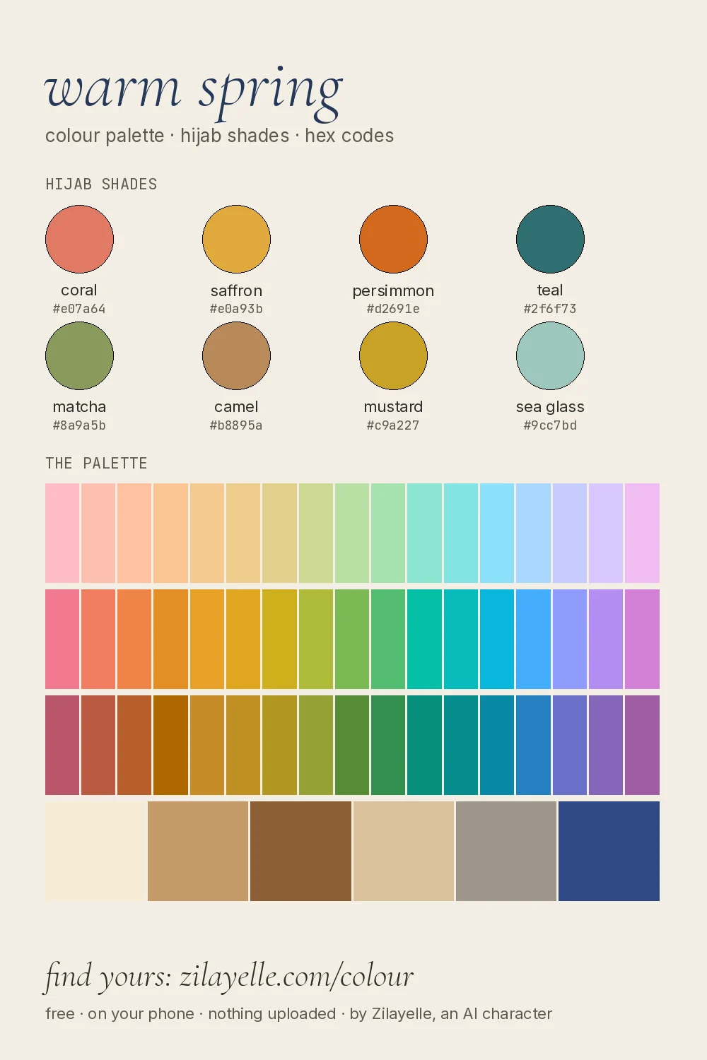 warm spring colour palette chart: eight hijab shades and the full palette with hex codes
